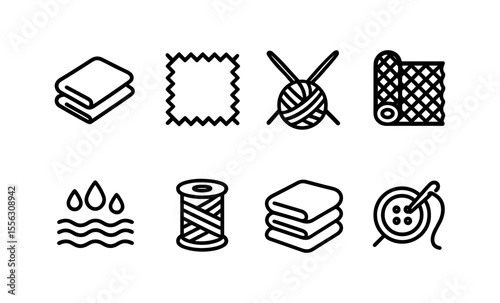 Minimalist fabric and sewing icons set with yarn, needle, and textile patterns