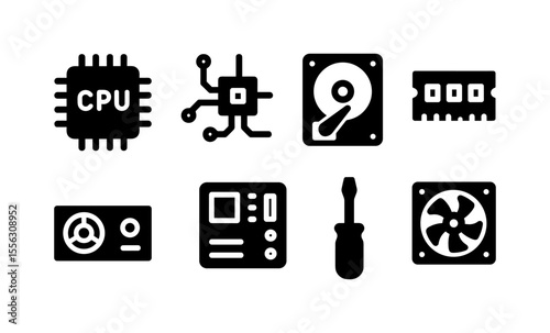 Computer hardware icons: cpu, motherboard, hard drive, ram, graphics card, and tools