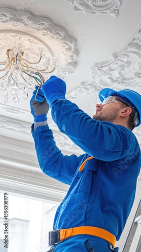 Electrician installing crystal chandelier on ornate ceiling
