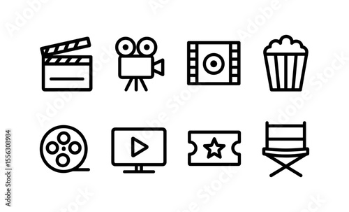 Film and cinema icons: clapperboard, camera, popcorn, film reel, play button, ticket, director's chair