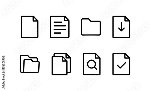 Minimalistic line icons representing files, folders, download, and search functions for digital interfaces