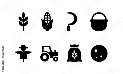 Farming icons: agriculture symbols featuring crops, tools, and machinery