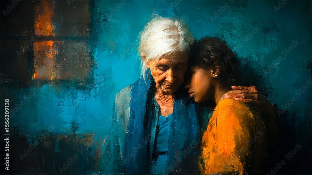 Obraz premium Emotional painting of elderly woman embracing a young girl