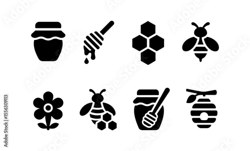 Honey theme icons: bees, beekeeping, honeycomb, and floral designs in black silhouette