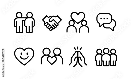 Minimalist icons representing friendship, community, and communication concepts