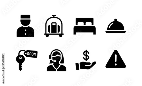 Hotel service icons: concierge, bellboy, bed, dining, room key, customer support, payment, alert symbol