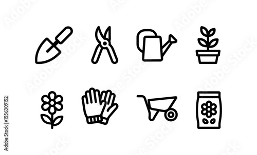 Minimalist gardening icon set with tools, plants, and accessories