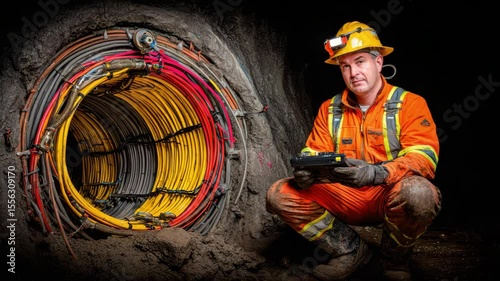 Worker orange safety helmet inspects underground mining tunnel with organized colorful cables and essential equipment ensuring