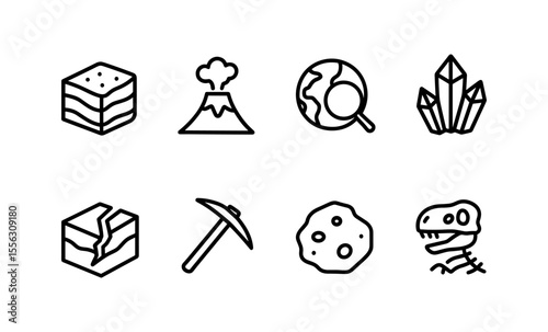 Geology icon set featuring volcanoes, crystals, earth, fossils, and tools for earth science