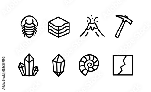 Geology icons: trilobite, volcano, pickaxe, crystal, ammonite, earth layers in minimalist outline style