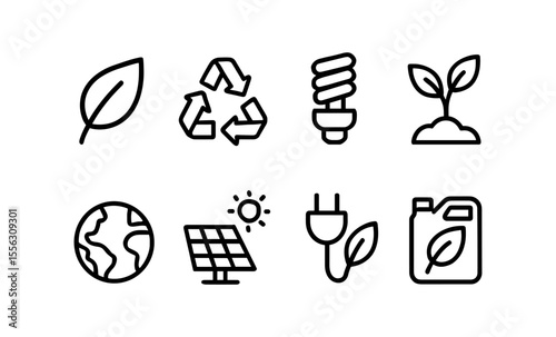 Eco-friendly line icons: sustainability symbols for recycling, renewable energy, and nature conservation