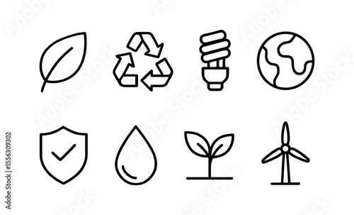Minimalist eco icons featuring leaf, recycling, light bulb, earth, shield, water drop, plant, wind turbine