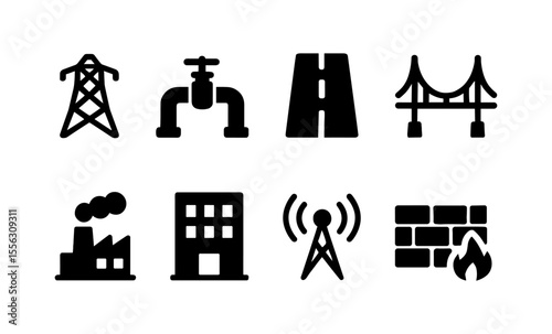 Infrastructure icons set: energy, water, transportation, construction, and communication symbols
