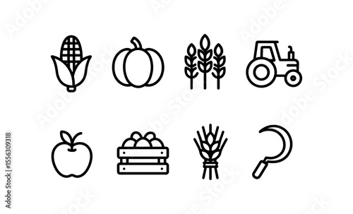 Farming icons set featuring corn, pumpkin, wheat, tractor, apple, harvest tools