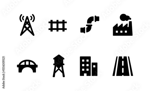 Infrastructure icons set: communication tower, rail track, pipeline, factory, bridge, water tower, buildings, highway