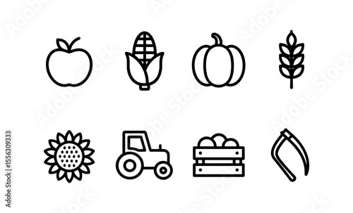 Black and white line icons of agricultural elements including apple, corn, pumpkin, wheat, sunflower, tractor, produce box, and sickle