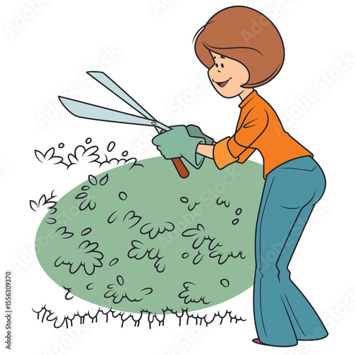Woman gardener uses large scissors to shape bushes.