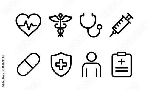 Minimalist medical icons set: heartbeat, caduceus, stethoscope, syringe, pill, shield, person, clipboard