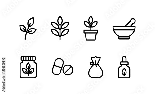 Herbs and natural remedies icons: plants, medicine, organic nature