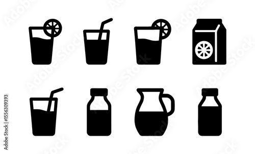 Minimalist beverage icons: juice, milk, bottle, glass, carton