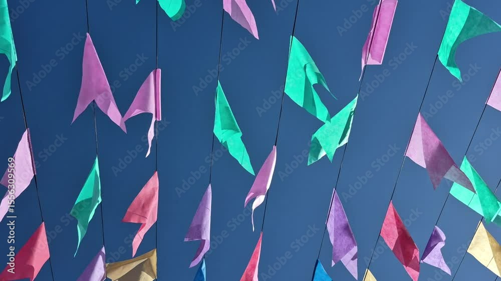 Bandeirinhas festivas penduradas ao ar livre dançando ao vento com fundo azul.