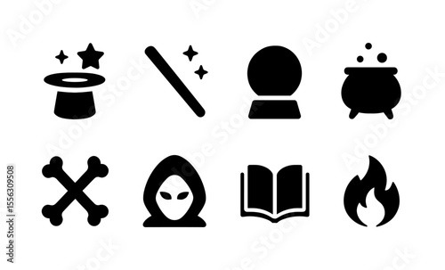 Magical icons: hat, wand, crystal ball, cauldron, bones, hooded figure, book, fire