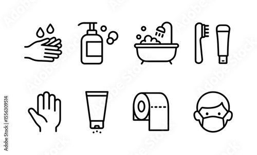 Hygiene essentials icons: soap, handwashing, bathtub, toothbrush, sanitizer, toilet paper, mask