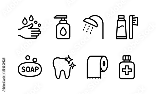 Hygiene and personal care icons: handwashing, shower, toothpaste, soap, dental, toilet paper, medicine
