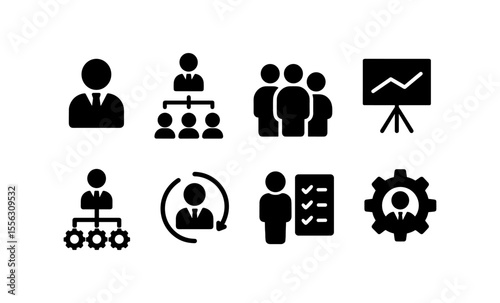 Business management icons: teamwork, leadership, organization, growth, efficiency