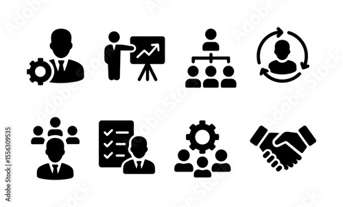 Business management icons: leadership, strategy, teamwork, efficiency, collaboration