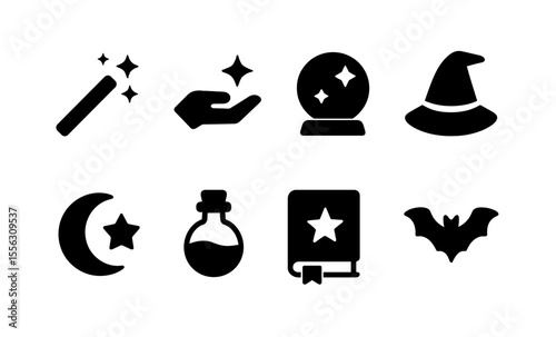 Magic icons: wand, stars, crystal ball, witch hat, moon, potion, spellbook, bat silhouettes