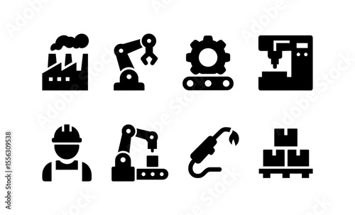 Industrial icons set representing automation, manufacturing, and robotics technology