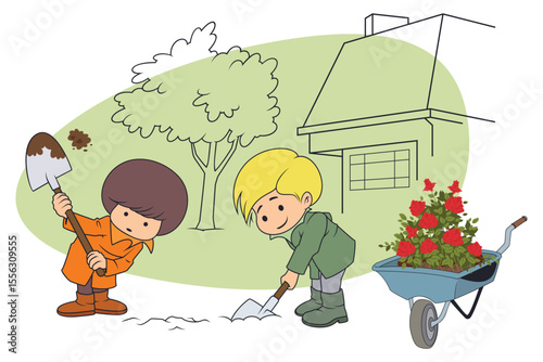 Children's planting flowers in garden.