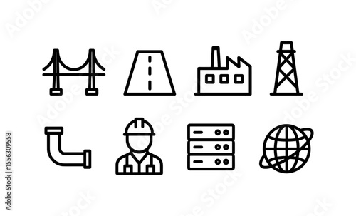 Infrastructure icon set: bridge, road, factory, tower, pipe, worker, server, globe