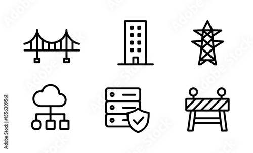 Urban infrastructure icons: bridge, building, power tower, cloud network, server security, traffic barrier