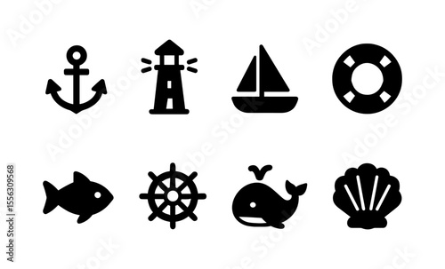 Nautical silhouettes: marine icons featuring anchor lighthouse sailboat and more