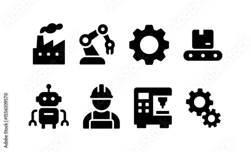 Icons of manufacturing and automation: factory, robot arm, gear, conveyor, worker, cnc
