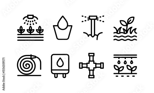 Irrigation line icons: watering plants and garden care in minimalist style