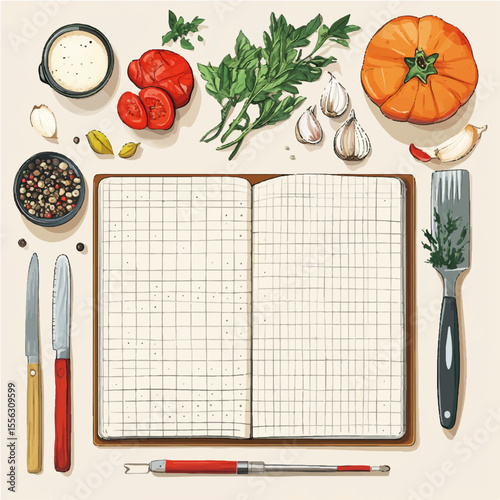 Cookbook card with spices and cutlery, book page for writing, notebook