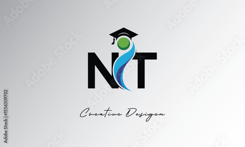 NT Creative Letter Logo with Graduation Cap and Abstract Human – Modern Education and Learning Symbol Design