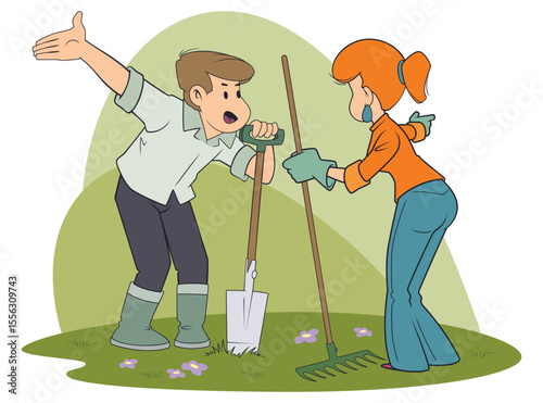 Guy and girl are arguing in garden.