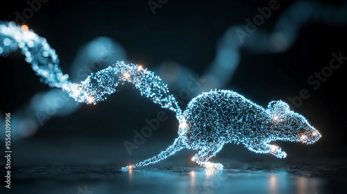 Two glowing DNA strands forming a tiny luminous mouse silhouette, representing genetic innovation.