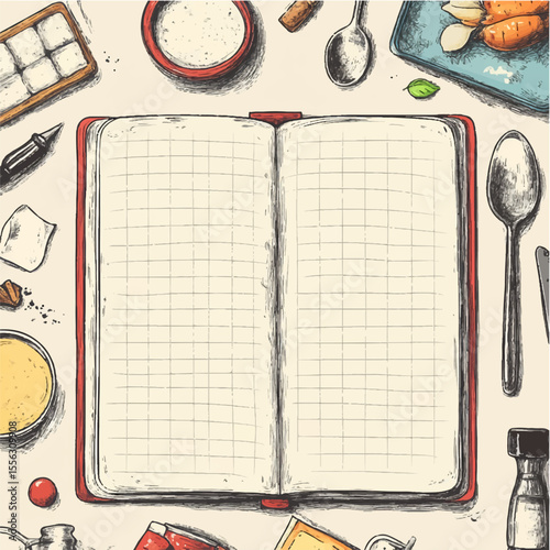Cookbook card with spices and cutlery, book page for writing, notebook