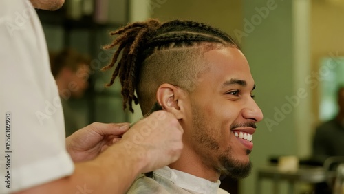 A barber styles a client's hair with precision, focusing on detailed dreadlock maintenance in a professional setting.