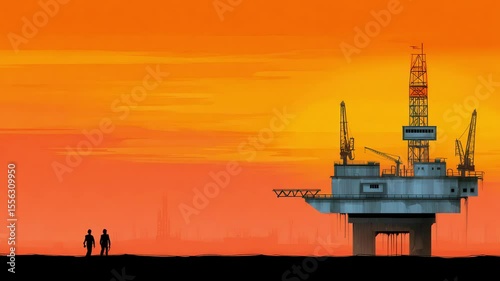 Oil exploration stocks rise with offshore rig platform silhouette and vibrant sunset sky showing dynamic energy and growth