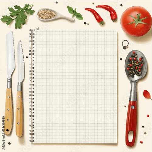 Cookbook card with spices and cutlery, book page for writing, notebook