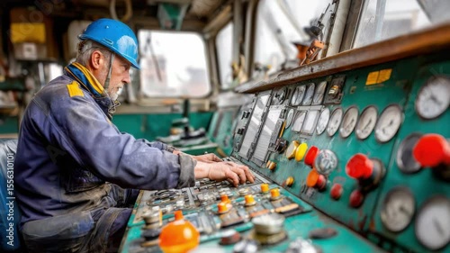 Oil exploration stocks highlight skilled worker operating control panel gauges buttons industrial environment ensuring efficient