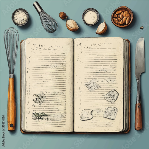 Cookbook card with spices and cutlery, book page for writing, notebook