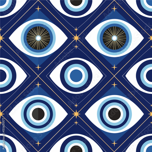 A luxurious Art Deco-style pattern featuring mystical evil eye symbols set within a geometric gold trellis on a deep blue background. Vector Patterns