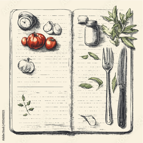 Cookbook card with spices and cutlery, book page for writing, notebook